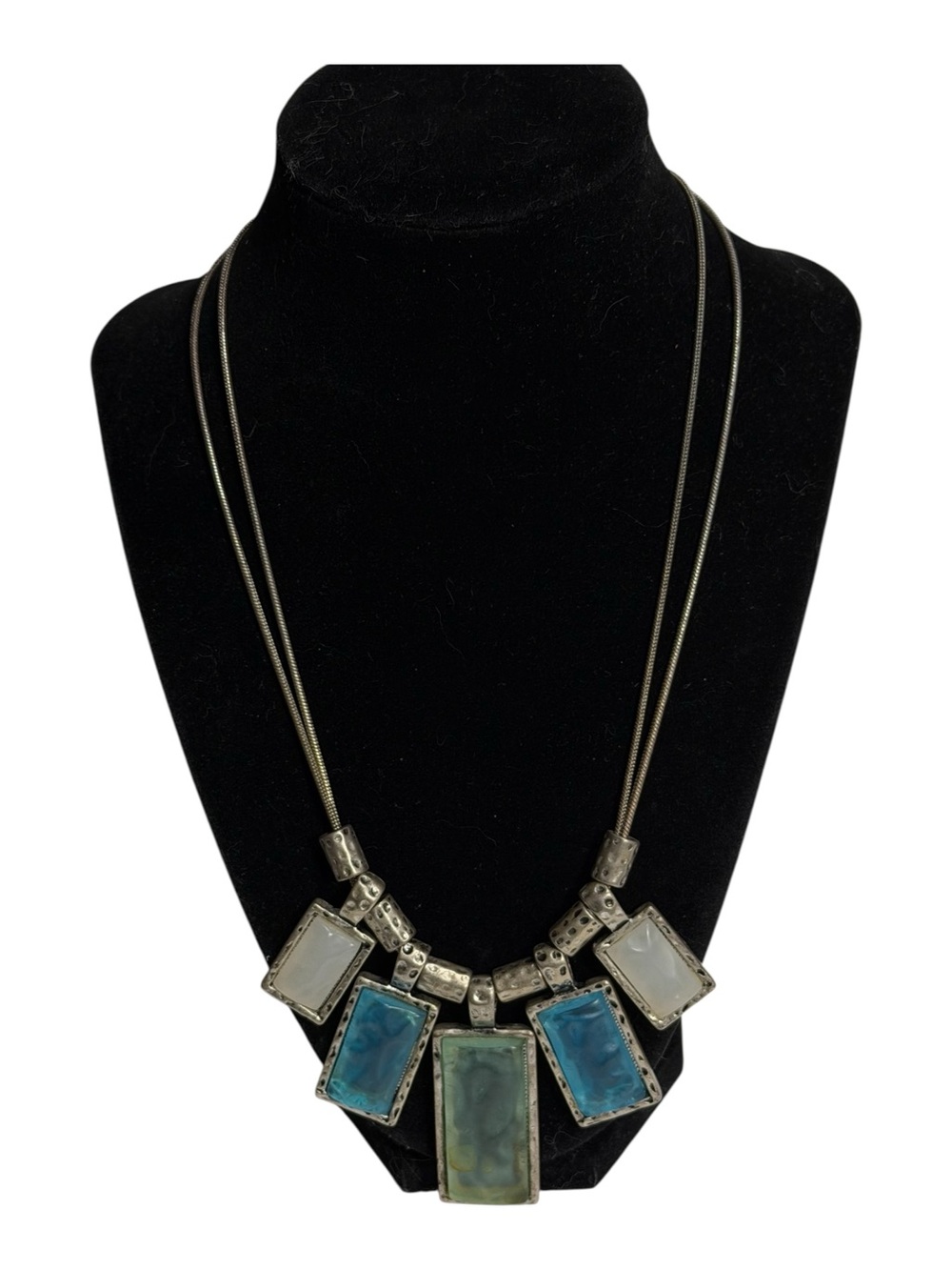 Green Blue Sea Glass Resin Pendant Necklace Hammered Settings Double Snake Chain
